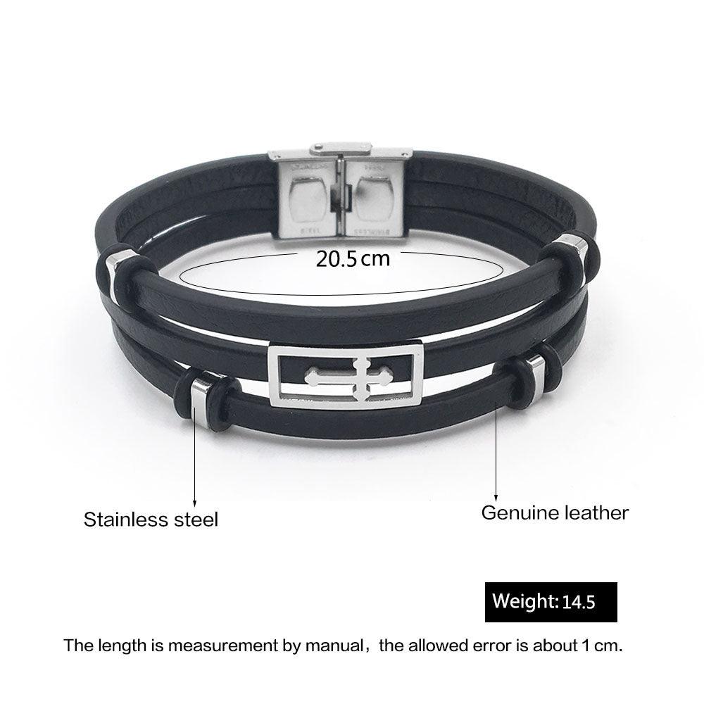 Trendy Genuine Leather Stainless Steel Holy Cross Bracelets for Men, Triple Layer Wristband, Anniversary Jewelry Gift - Personalized Jewel