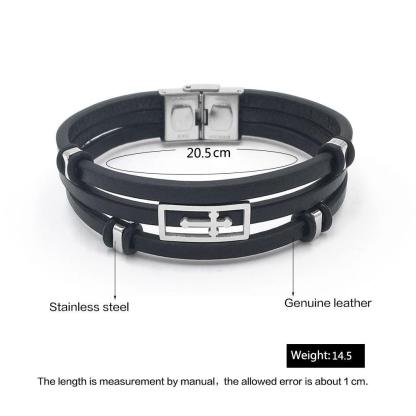 Trendy Genuine Leather Stainless Steel Holy Cross Bracelets for Men, Triple Layer Wristband, Anniversary Jewelry Gift - Personalized Jewel