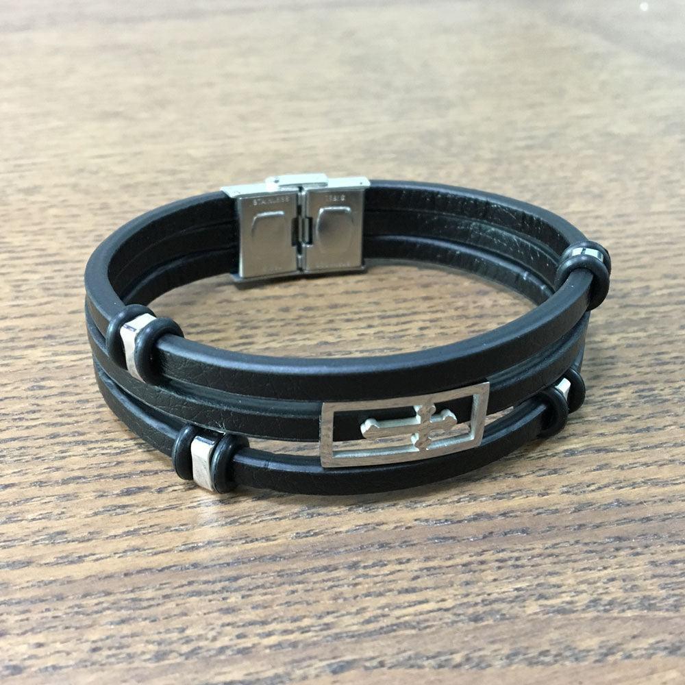 Trendy Genuine Leather Stainless Steel Holy Cross Bracelets for Men, Triple Layer Wristband, Anniversary Jewelry Gift - Personalized Jewel