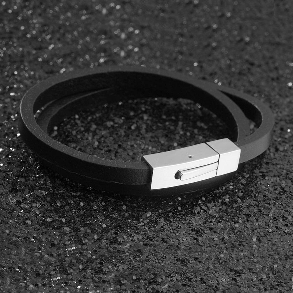 Trendy Stainless Steel & Genuine Leather Men’s Bracelets, Black Wrap Wristband Accessory for Men - Personalized Jewel