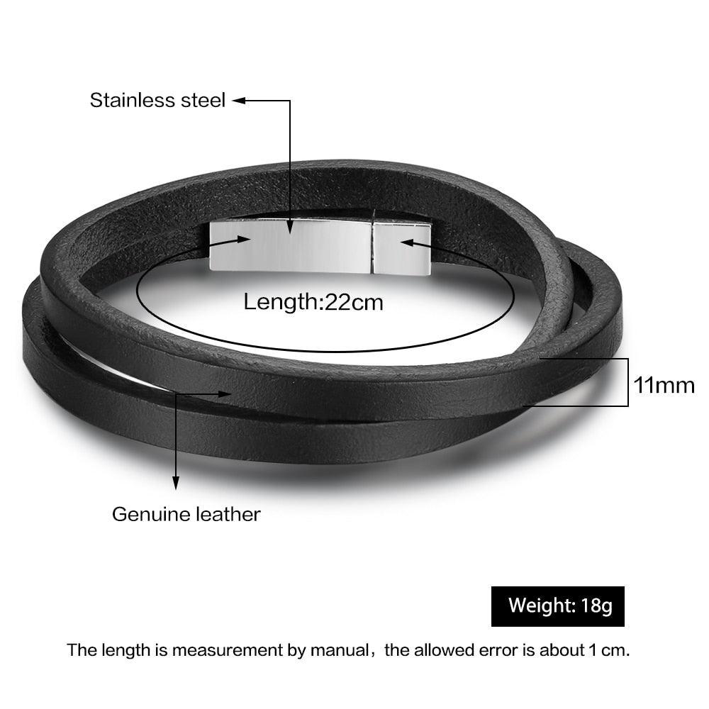 Trendy Stainless Steel & Genuine Leather Men’s Bracelets, Black Wrap Wristband Accessory for Men - Personalized Jewel