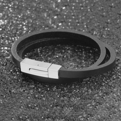 Trendy Stainless Steel & Genuine Leather Men’s Bracelets, Black Wrap Wristband Accessory for Men - Personalized Jewel