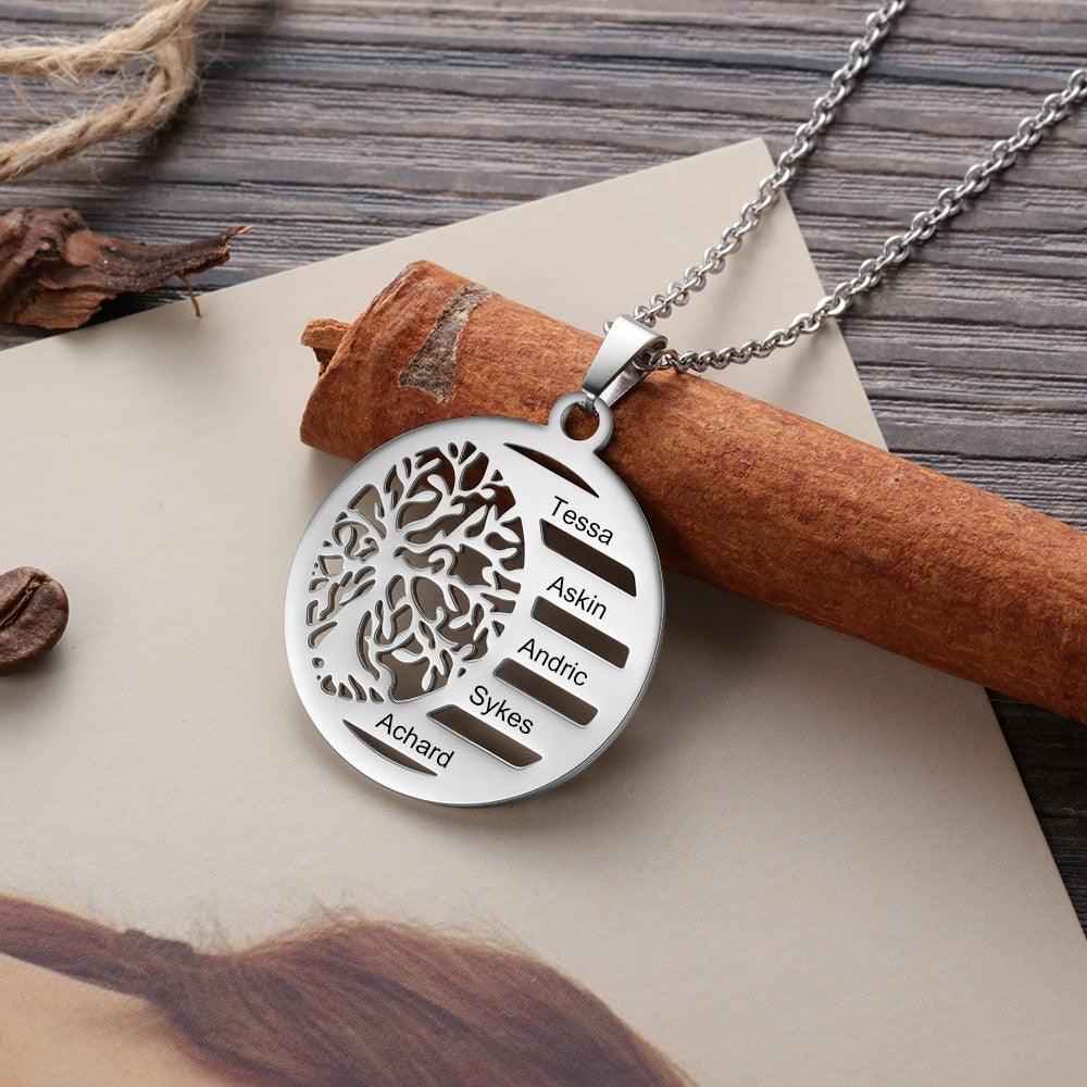 Trendy Stainless Steel Necklace - Personalized Necklace for Women - Tree of Life Engraved Necklace for Women - Customized Gift for Women - Personalized Gift for Mother - Five Name Personalized Necklace.  - Personalized Jewel