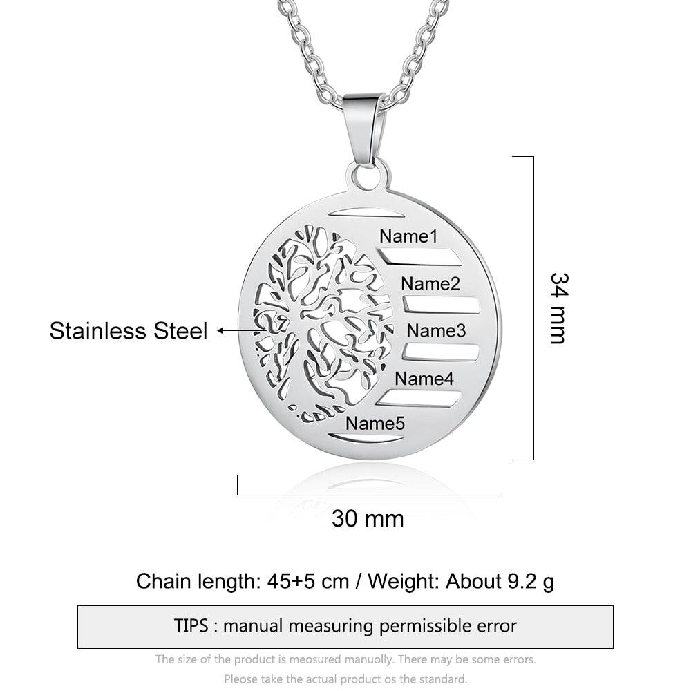 Trendy Stainless Steel Necklace - Personalized Necklace for Women - Tree of Life Engraved Necklace for Women - Customized Gift for Women - Personalized Gift for Mother - Five Name Personalized Necklace.  - Personalized Jewel