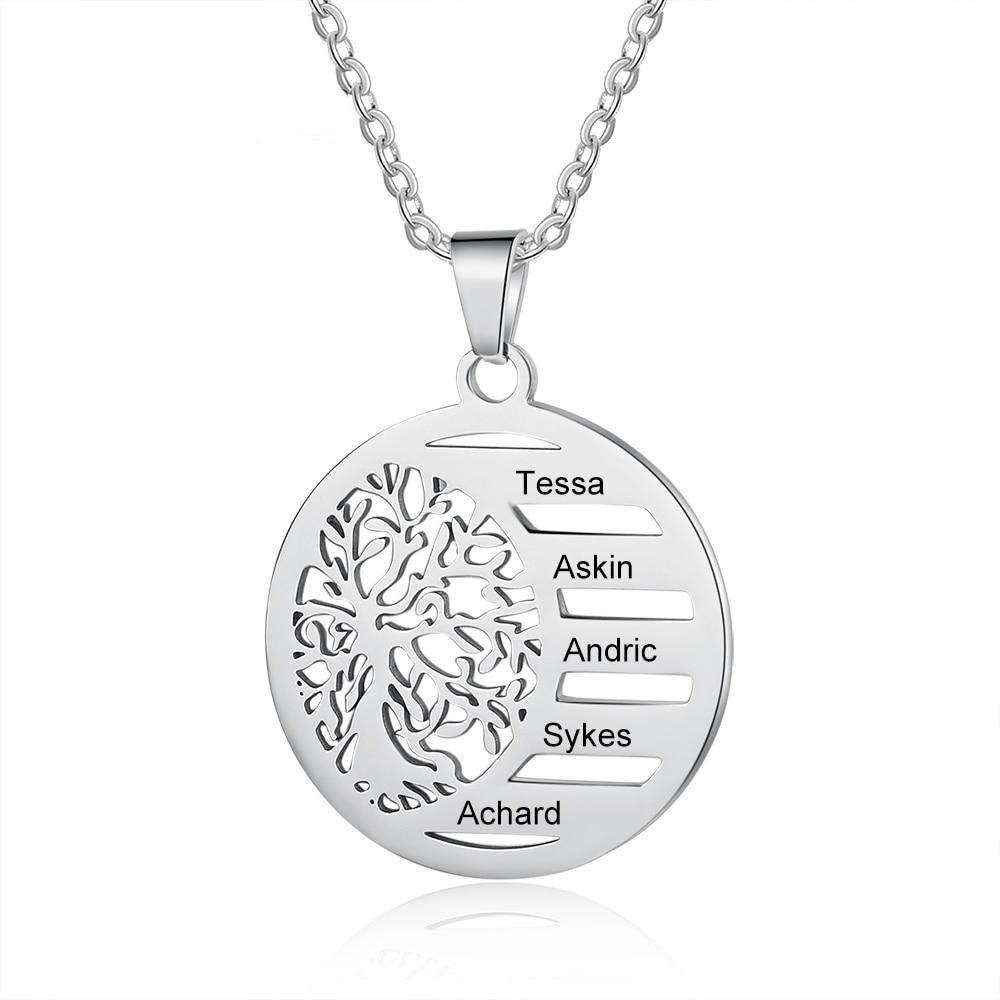 Trendy Stainless Steel Necklace - Personalized Necklace for Women - Tree of Life Engraved Necklace for Women - Customized Gift for Women - Personalized Gift for Mother - Five Name Personalized Necklace.  - Personalized Jewel