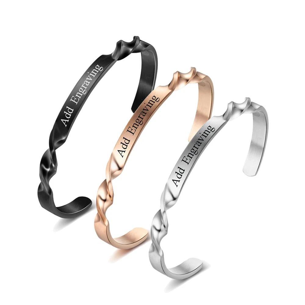 Twisting Shape Personalized Gift Engraved Name ID Bangle For Women Stainless Steel Bracelets & Bangles-Personalized Jewels