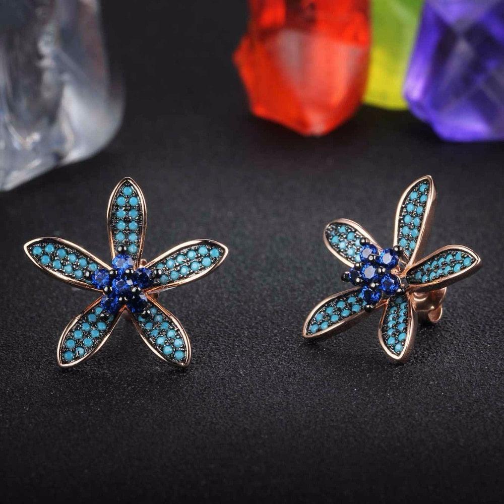 Unique 925 Silver Lilac Flower Stud Earrings with Blue Cubic Zirconia Stones, Fashion Jewelry Ear Stud, Best Gift Option for Women - Personalized Jewel