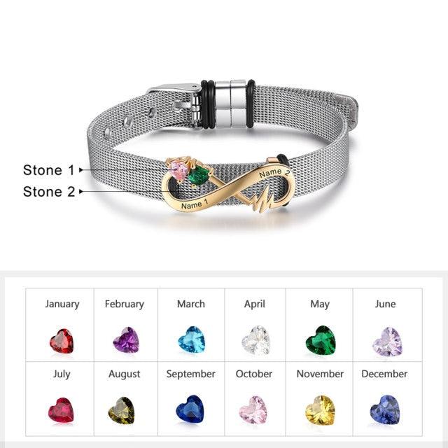 Unique Wristband Bracelet for Men and Women- Birthstone Infinity Metallic Bracelet- 2-Name Engraving Wristband Bracelet- Adjustable Metallic Bracelet Birthstone Infinity Bracelet for Men and Women - Personalized Jewel