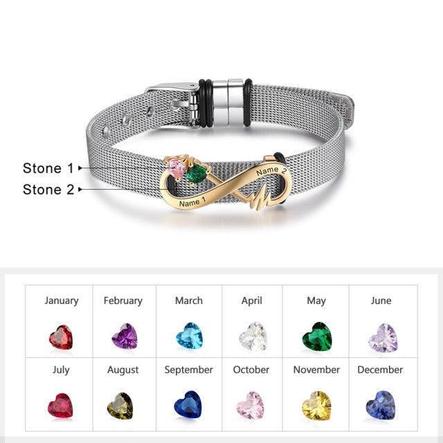 Unique Wristband Bracelet for Men and Women- Birthstone Infinity Metallic Bracelet- 2-Name Engraving Wristband Bracelet- Adjustable Metallic Bracelet Birthstone Infinity Bracelet for Men and Women - Personalized Jewel