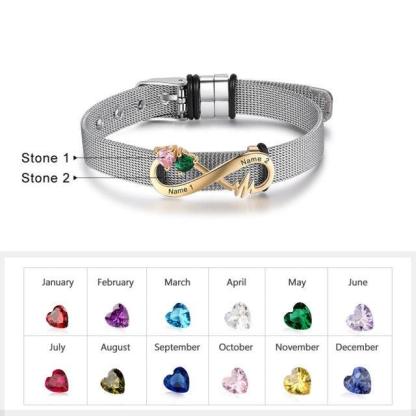 Unique Wristband Bracelet for Men and Women- Birthstone Infinity Metallic Bracelet- 2-Name Engraving Wristband Bracelet- Adjustable Metallic Bracelet Birthstone Infinity Bracelet for Men and Women - Personalized Jewel