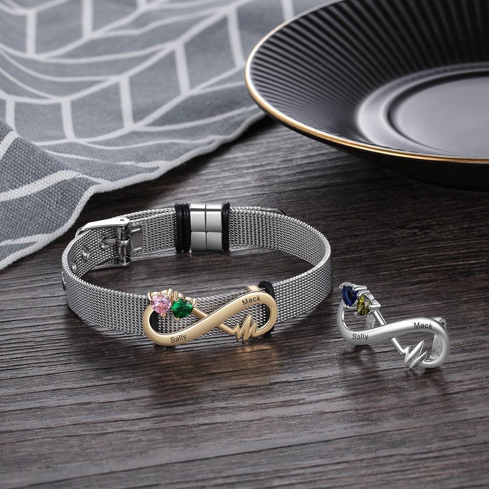 Unique Wristband Bracelet for Men and Women- Birthstone Infinity Metallic Bracelet- 2-Name Engraving Wristband Bracelet- Adjustable Metallic Bracelet Birthstone Infinity Bracelet for Men and Women - Personalized Jewel