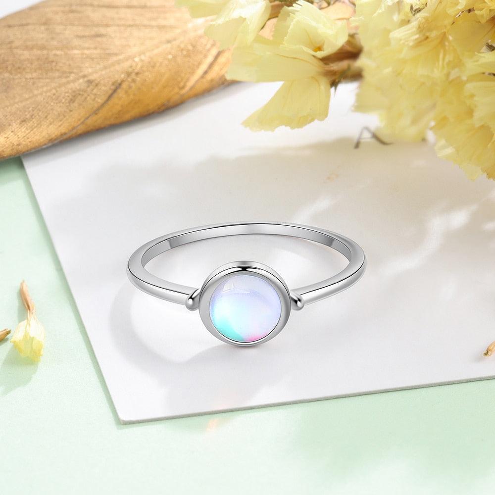 Unisex 925 Sterling Silver Ring Simple Rainbow Moonstone Band For Women - Personalized Jewel