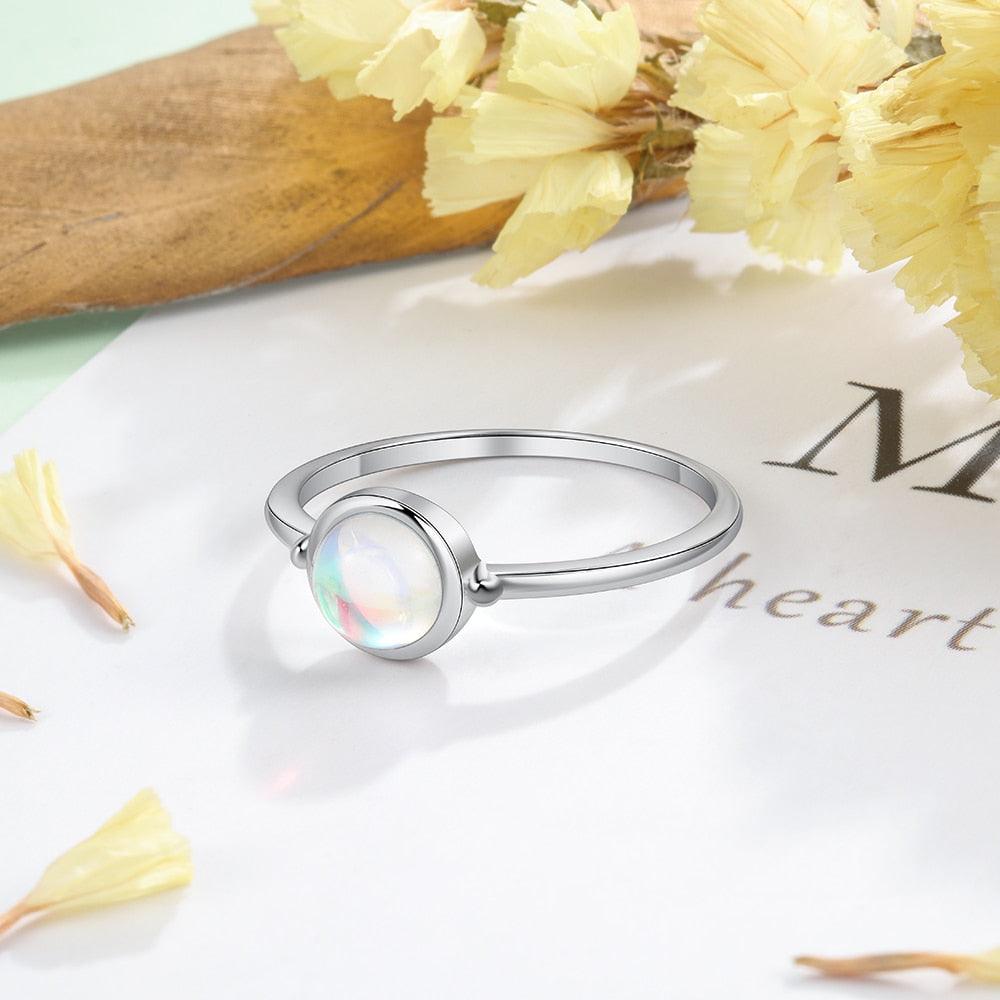 Unisex 925 Sterling Silver Ring Simple Rainbow Moonstone Band For Women - Personalized Jewel