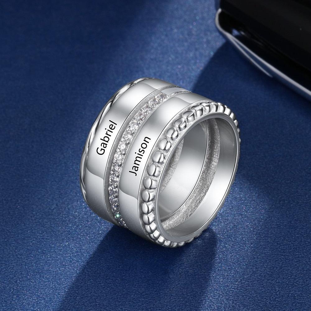 Unisex Personalized Double Top Rings, Engrave Two Custom Name, Trendy Wedding Bands - Personalized Jewel