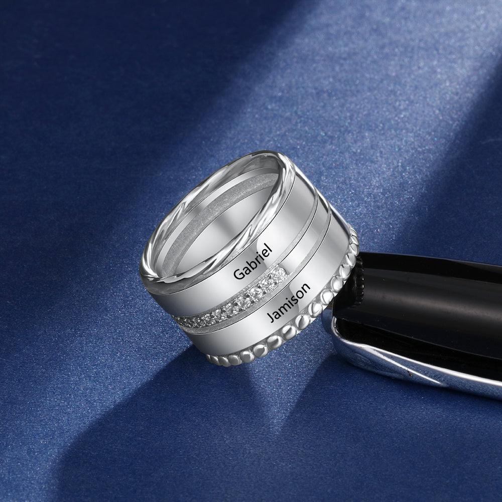 Unisex Personalized Double Top Rings, Engrave Two Custom Name, Trendy Wedding Bands - Personalized Jewel