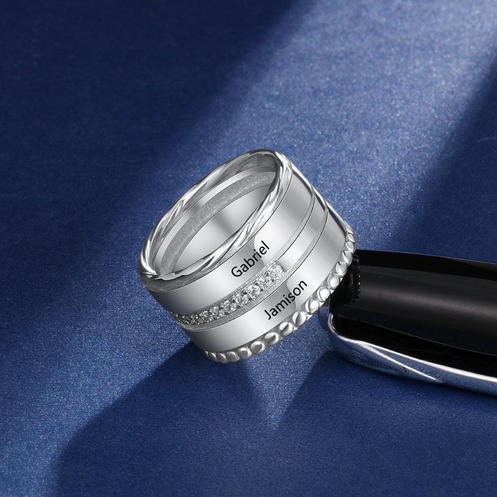 Unisex Personalized Double Top Rings, Engrave Two Custom Name, Trendy Wedding Bands - Personalized Jewel