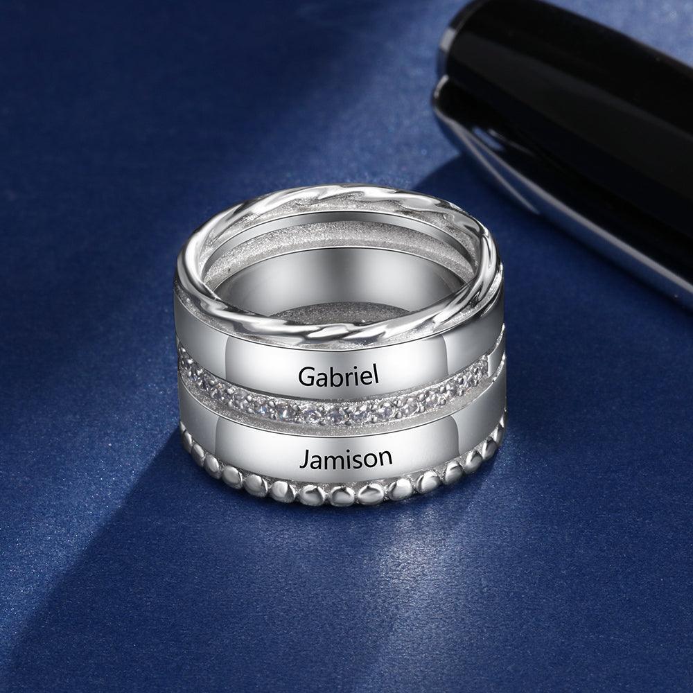 Unisex Personalized Double Top Rings, Engrave Two Custom Name, Trendy Wedding Bands - Personalized Jewel
