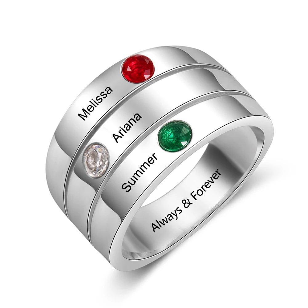 Personalized 3 Birthstones Custom Engraved Name Stackable Rings, Fashion Jewelry Gift for Women - Personalized Jewel