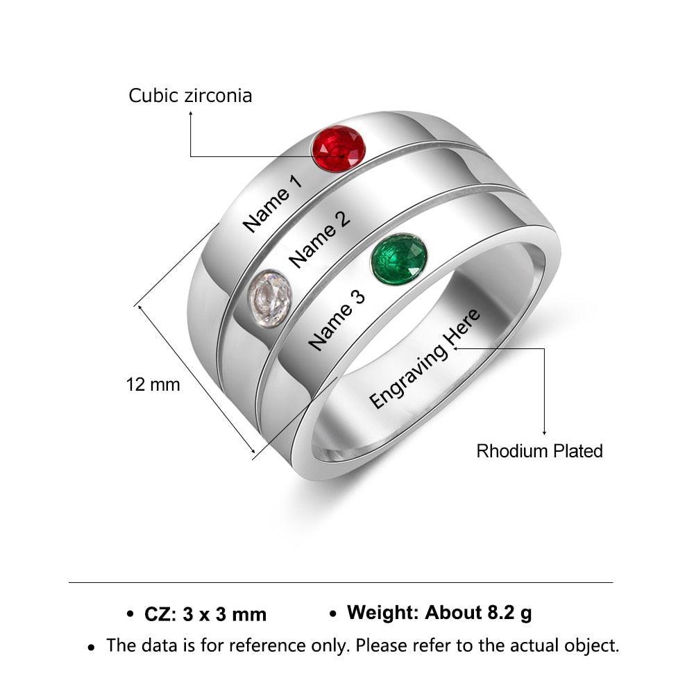 Personalized 3 Birthstones Custom Engraved Name Stackable Rings, Fashion Jewelry Gift for Women - Personalized Jewel