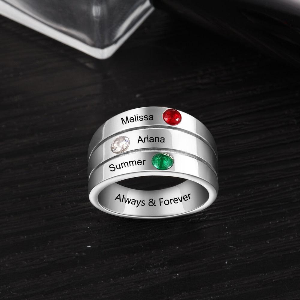 Personalized 3 Birthstones Custom Engraved Name Stackable Rings, Fashion Jewelry Gift for Women - Personalized Jewel