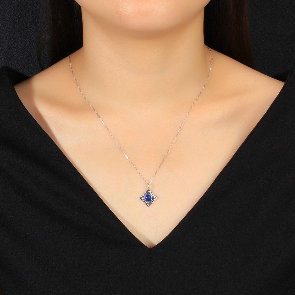 Vintage Rhombus Shape Blue Cubic Zirconia 925 Sterling Silver Necklace & Pendant For Women Fashion Jewelry - Personalized Jewel