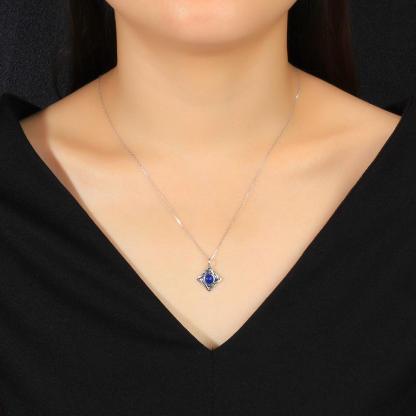 Vintage Rhombus Shape Blue Cubic Zirconia 925 Sterling Silver Necklace & Pendant For Women Fashion Jewelry - Personalized Jewel