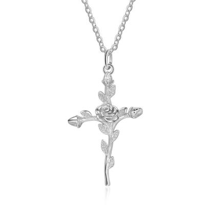 Vintage Rose Cross 925 Sterling Silver Pendant Necklace for Women Fashion Gold/Rose Color Party Jewelry Gift - Personalized Jewel