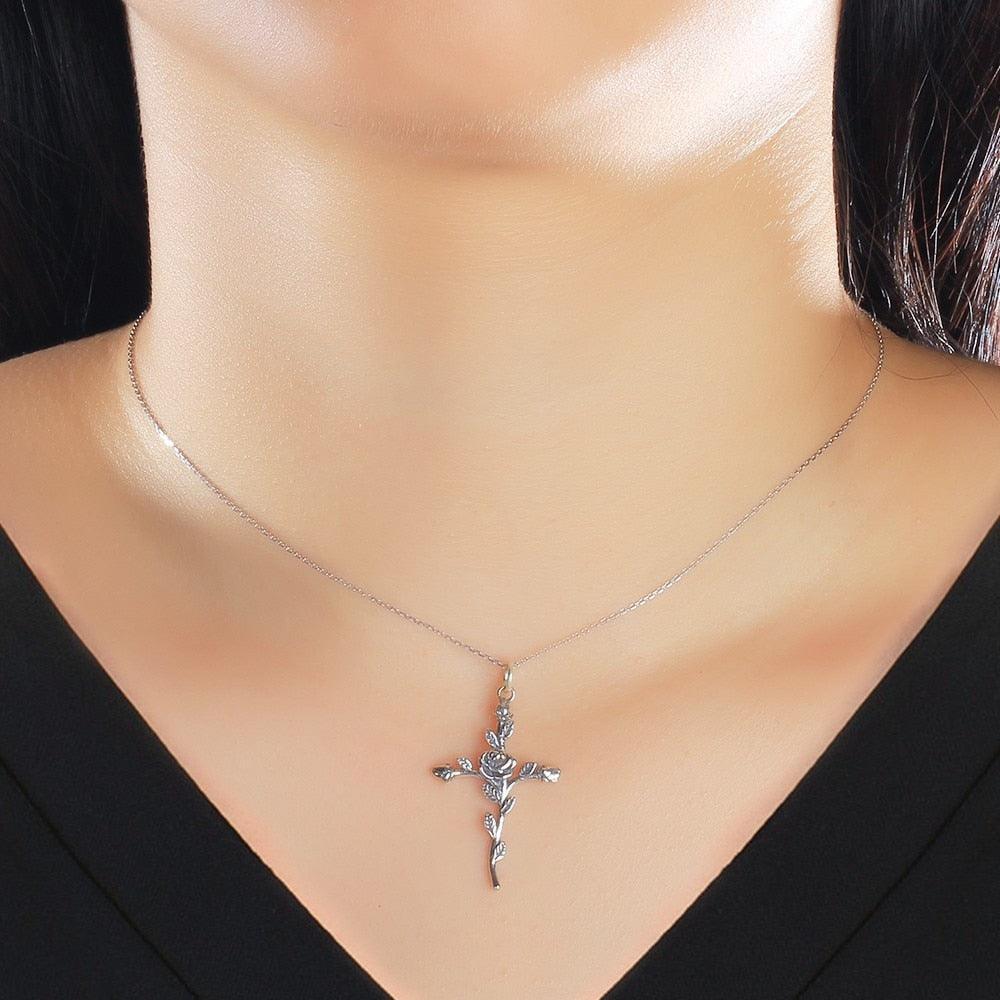 Vintage Rose Cross 925 Sterling Silver Pendant Necklace for Women Fashion Gold/Rose Color Party Jewelry Gift - Personalized Jewel
