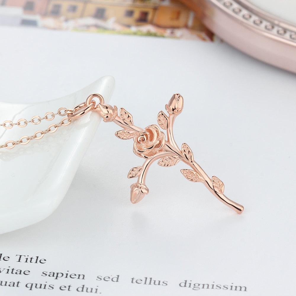 Vintage Rose Cross 925 Sterling Silver Pendant Necklace for Women Fashion Gold/Rose Color Party Jewelry Gift - Personalized Jewel