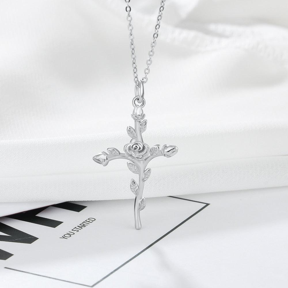 Vintage Rose Cross 925 Sterling Silver Pendant Necklace for Women Fashion Gold/Rose Color Party Jewelry Gift - Personalized Jewel
