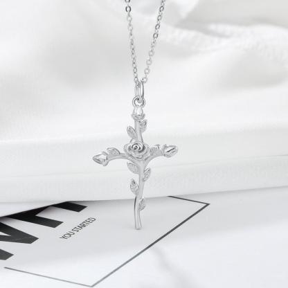 Vintage Rose Cross 925 Sterling Silver Pendant Necklace for Women Fashion Gold/Rose Color Party Jewelry Gift - Personalized Jewel