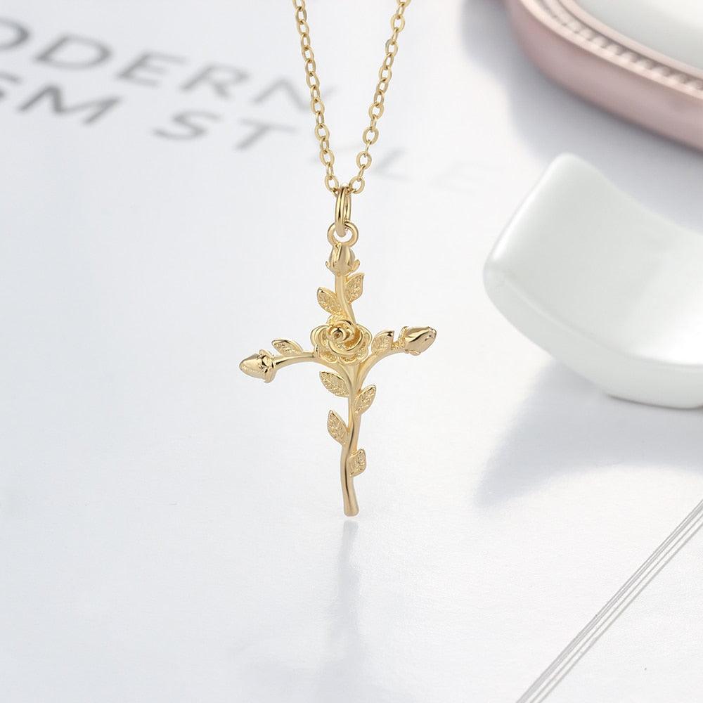 Vintage Rose Cross 925 Sterling Silver Pendant Necklace for Women Fashion Gold/Rose Color Party Jewelry Gift - Personalized Jewel