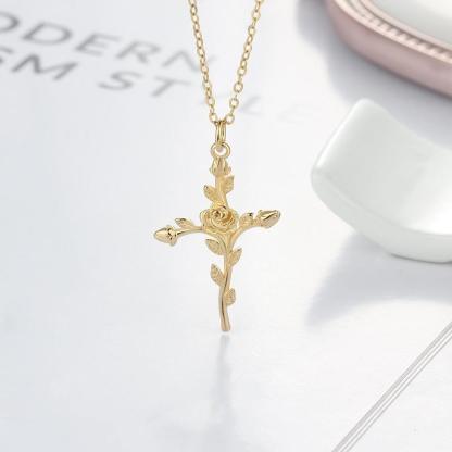 Vintage Rose Cross 925 Sterling Silver Pendant Necklace for Women Fashion Gold/Rose Color Party Jewelry Gift - Personalized Jewel