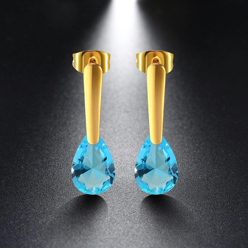 Water Drop Shape CZ Stones Dangle Earrings Gold Color Stainless Steel Drop Earrings For Women Jewelry Gift - Personalized Jewel