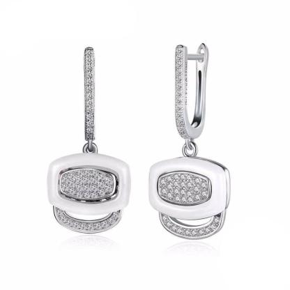 White Ceramic 925 Sterling Silver Crystals Drop Dangle Earrings Female Fine Jewelry Wedding Accessories Gift - Fashion Wedding Jewelry For Women - Personalized Jewel