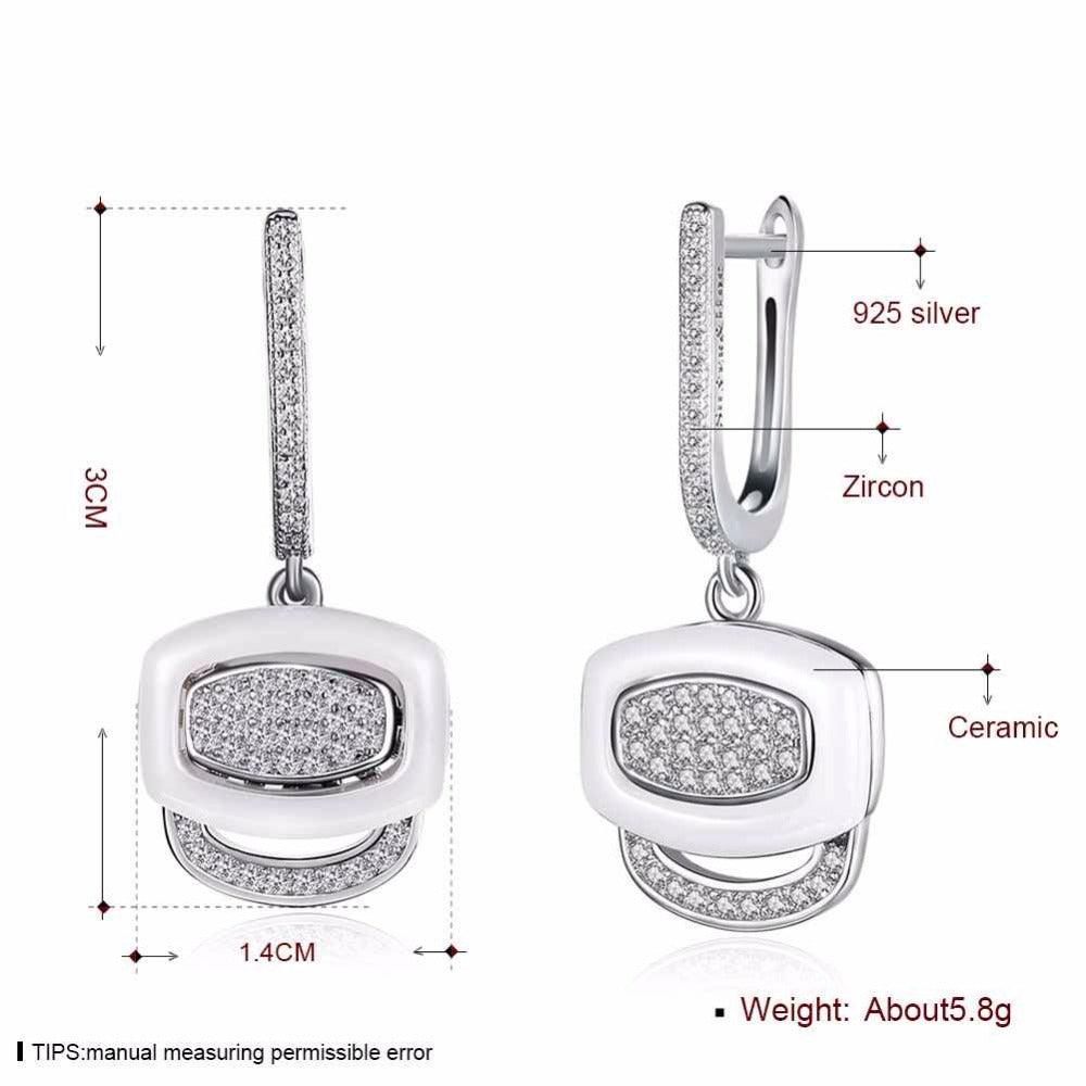 White Ceramic 925 Sterling Silver Crystals Drop Dangle Earrings Female Fine Jewelry Wedding Accessories Gift - Fashion Wedding Jewelry For Women - Personalized Jewel