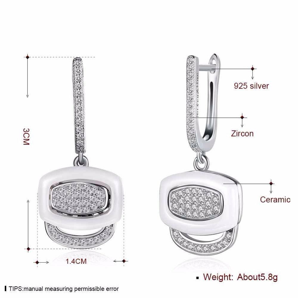 White Ceramic 925 Sterling Silver Crystals Drop Dangle Earrings Female Fine Jewelry Wedding Accessories Gift - Fashion Wedding Jewelry For Women - Personalized Jewel