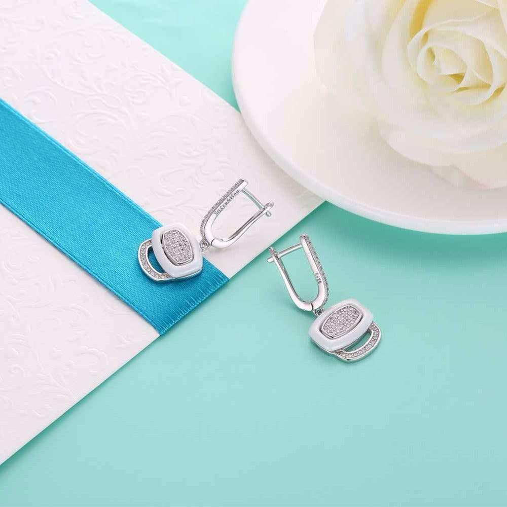 White Ceramic 925 Sterling Silver Crystals Drop Dangle Earrings Female Fine Jewelry Wedding Accessories Gift - Fashion Wedding Jewelry For Women - Personalized Jewel