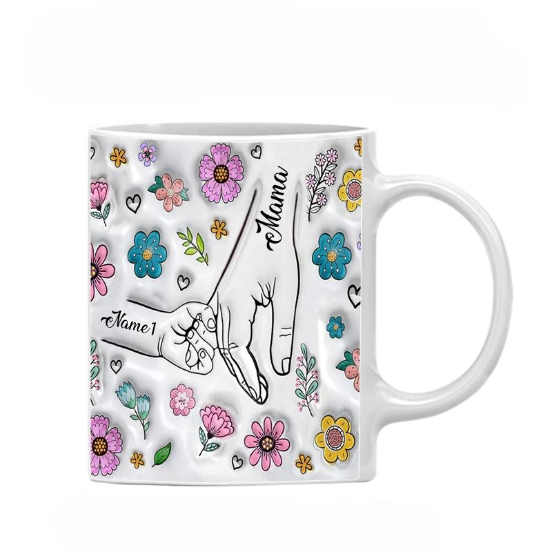Personalized Family Name Flower Themed Mug With Holding Hands Design