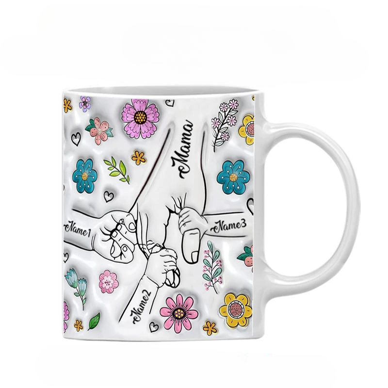 Personalized Family Name Flower Themed Mug With Holding Hands Design