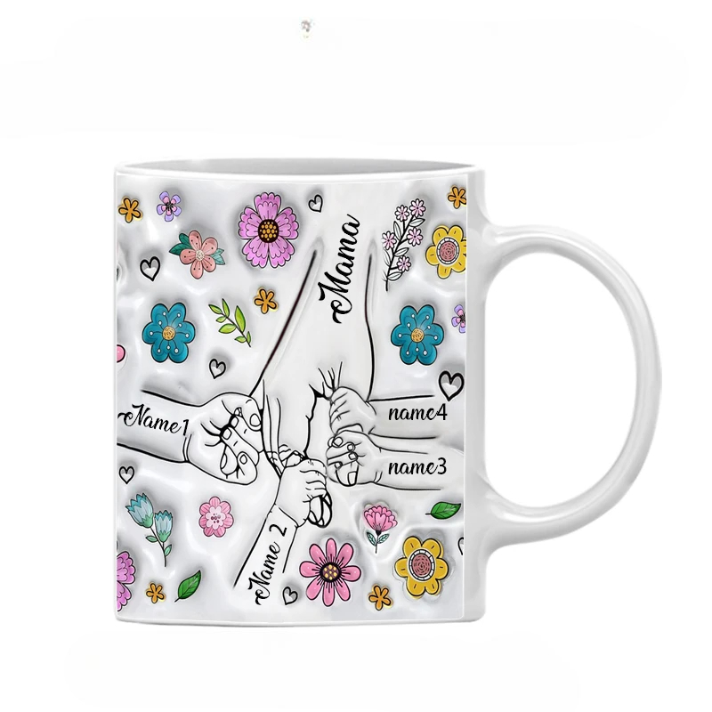 Personalized Family Name Flower Themed Mug With Holding Hands Design