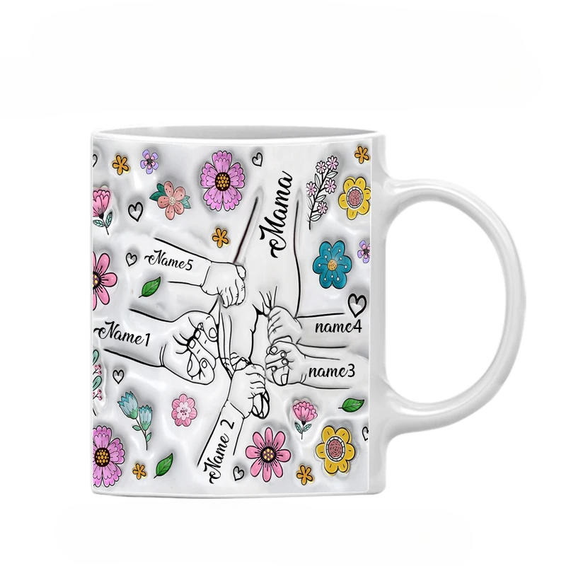 Personalized Family Name Flower Themed Mug With Holding Hands Design