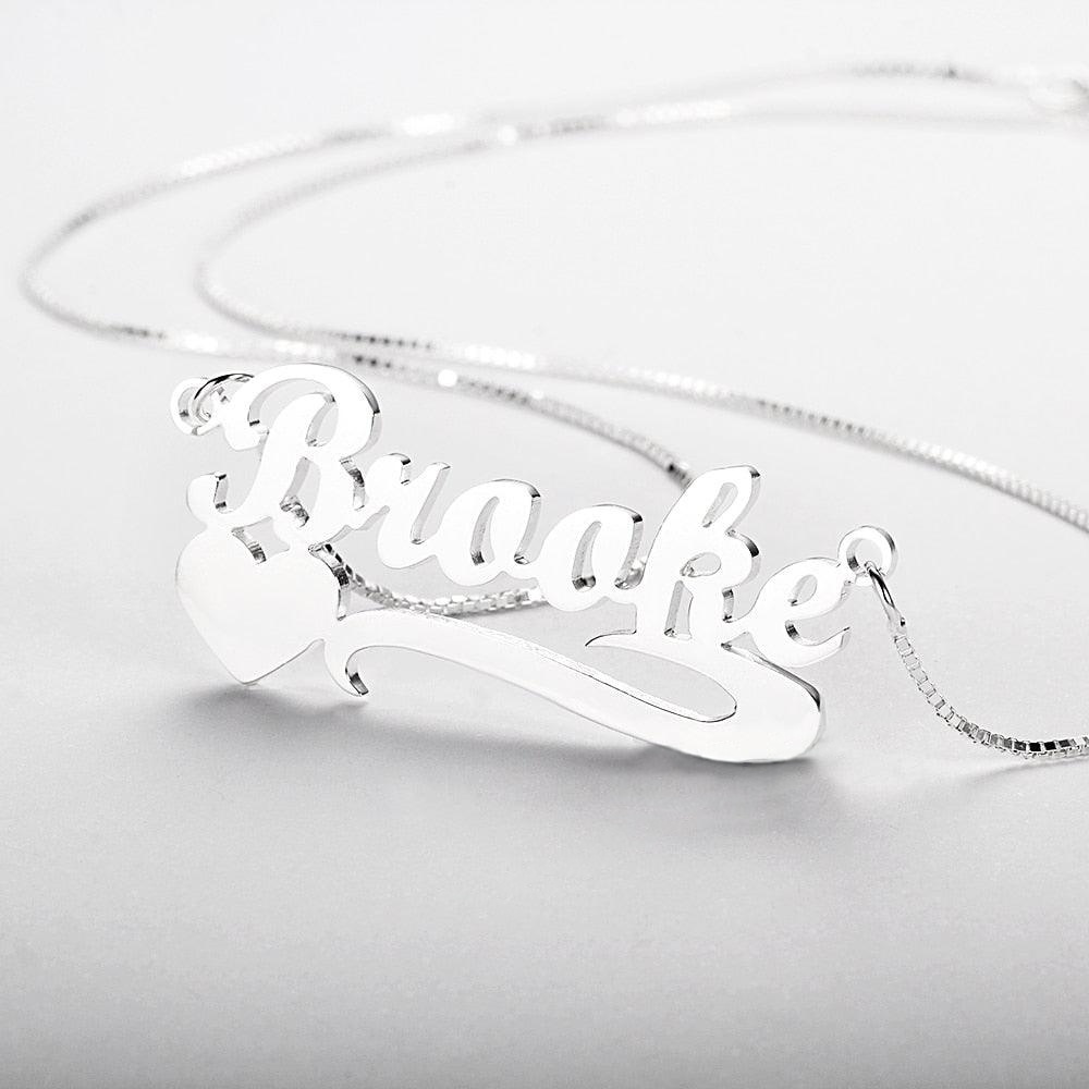 Personalized Necklace - Lettering Nameplate with Heart Pendant - Real 925 Sterling Silver Chain - Customized Gifts with Box