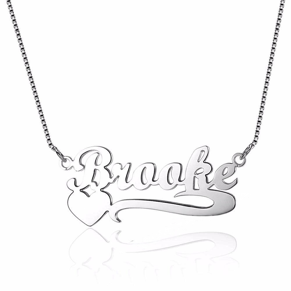 Personalized Necklace - Lettering Nameplate with Heart Pendant - Real 925 Sterling Silver Chain - Customized Gifts with Box