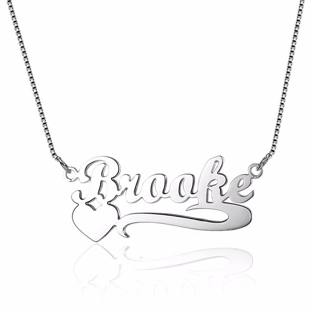 Personalized Necklace - Lettering Nameplate with Heart Pendant - Real 925 Sterling Silver Chain - Customized Gifts with Box