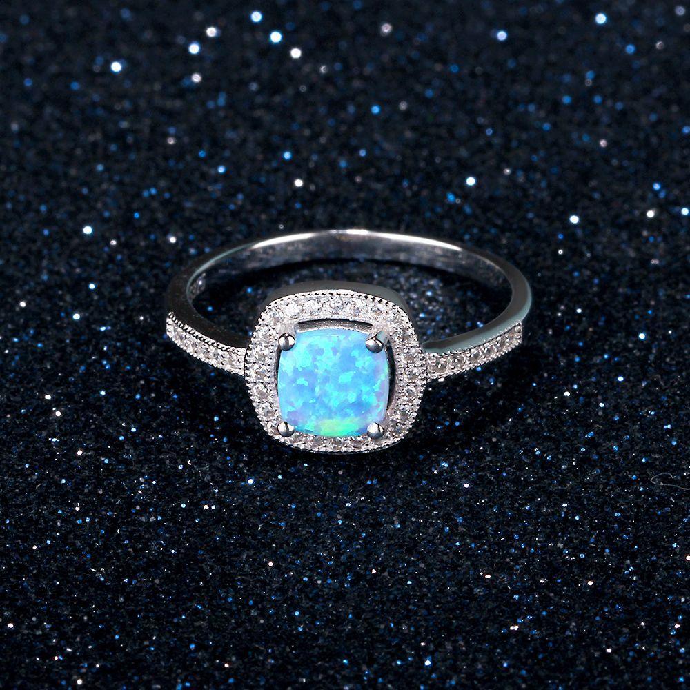 Women 100% 925 Sterling Silver Ring With Square Blue Opal Stone Ocean Style Elegant Gifts For Mommy - Personalized Jewel