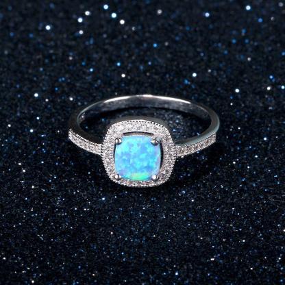 Women 100% 925 Sterling Silver Ring With Square Blue Opal Stone Ocean Style Elegant Gifts For Mommy - Personalized Jewel