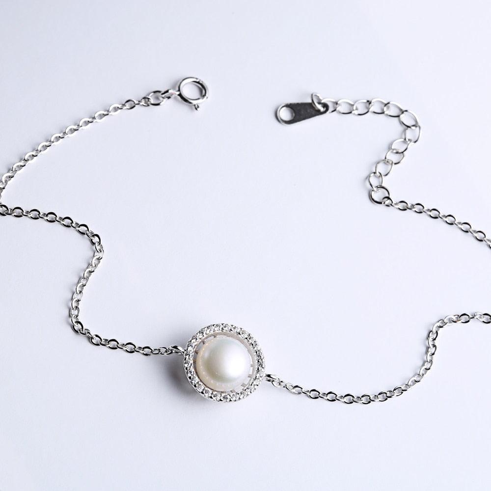 Women 925 Sterling Silver Adjustable Bracelet with Round Simulated Pearl, Party Jewelry Bracelets & Bangles - Personalized Jewel