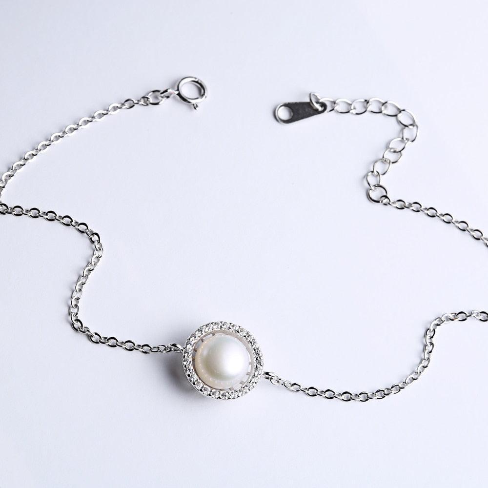 Women 925 Sterling Silver Adjustable Bracelet with Round Simulated Pearl, Party Jewelry Bracelets & Bangles - Personalized Jewel