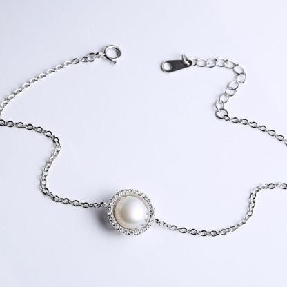 Women 925 Sterling Silver Adjustable Bracelet with Round Simulated Pearl, Party Jewelry Bracelets & Bangles - Personalized Jewel